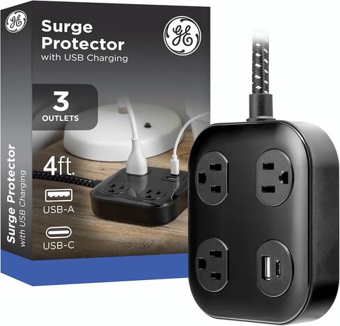 GE UltraPro 3-Outlet Surge Protector with USB, 245 Joules, 1 USB-A & 1 USB-C Port, 4ft Braided Extension Cord, Flat Plug, Adapter-Spaced Outlets, ETL Certified, Black, 85876 in Saudi Arabia