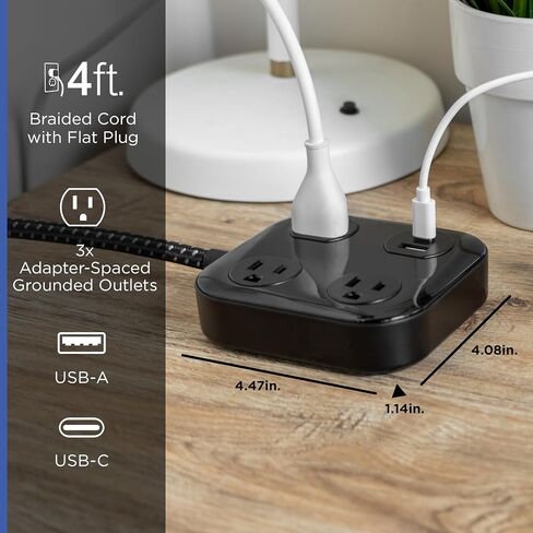 GE UltraPro 3-Outlet Surge Protector with USB, 245 Joules, 1 USB-A & 1 USB-C Port, 4ft Braided Extension Cord, Flat Plug, Adapter-Spaced Outlets, ETL Certified, Black, 85876 in Saudi Arabia
