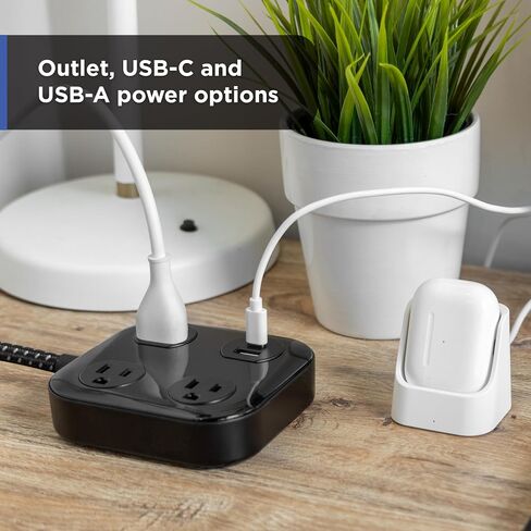 GE UltraPro 3-Outlet Surge Protector with USB, 245 Joules, 1 USB-A & 1 USB-C Port, 4ft Braided Extension Cord, Flat Plug, Adapter-Spaced Outlets, ETL Certified, Black, 85876 in Saudi Arabia