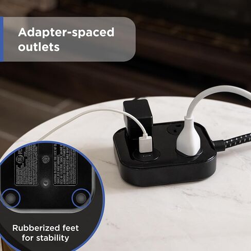 GE UltraPro 3-Outlet Surge Protector with USB, 245 Joules, 1 USB-A & 1 USB-C Port, 4ft Braided Extension Cord, Flat Plug, Adapter-Spaced Outlets, ETL Certified, Black, 85876 in Saudi Arabia
