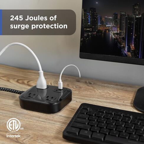 GE UltraPro 3-Outlet Surge Protector with USB, 245 Joules, 1 USB-A & 1 USB-C Port, 4ft Braided Extension Cord, Flat Plug, Adapter-Spaced Outlets, ETL Certified, Black, 85876 in Saudi Arabia