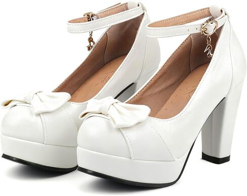 BEAUPAS Women's Ankle Strap Chunky Platform High Heels Pumps | Mary Jane Style, Chunky Block Heel, Ankle Strap Buckle, Platform Sole, Bow Detail in Saudi Arabia