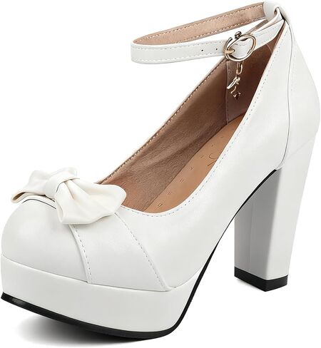 BEAUPAS Women's Ankle Strap Chunky Platform High Heels Pumps | Mary Jane Style, Chunky Block Heel, Ankle Strap Buckle, Platform Sole, Bow Detail in Saudi Arabia
