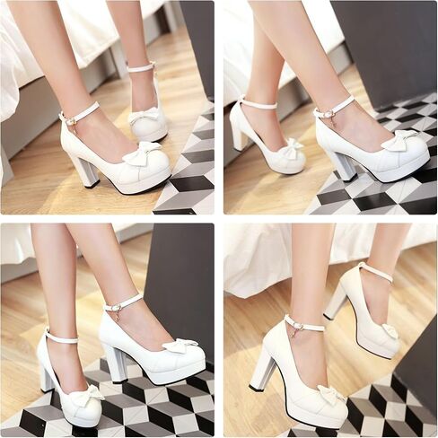 BEAUPAS Women's Ankle Strap Chunky Platform High Heels Pumps | Mary Jane Style, Chunky Block Heel, Ankle Strap Buckle, Platform Sole, Bow Detail in Saudi Arabia