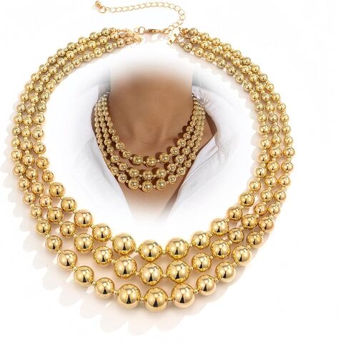 Chunky Balls Beaded Gold Statement Necklace for Women Vintage Large Layered Choker Exaggerated Big Round Ball Beads Collar Necklaces Trendy Hip Hop Jewelry in Kuwait