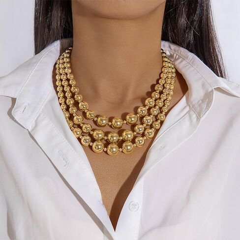 Chunky Balls Beaded Gold Statement Necklace for Women Vintage Large Layered Choker Exaggerated Big Round Ball Beads Collar Necklaces Trendy Hip Hop Jewelry in Kuwait