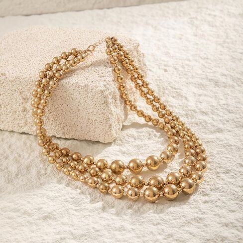 Chunky Balls Beaded Gold Statement Necklace for Women Vintage Large Layered Choker Exaggerated Big Round Ball Beads Collar Necklaces Trendy Hip Hop Jewelry in Kuwait