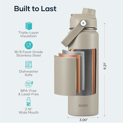 BUZIO Vacuum Insulated Stainless Steel Water Bottle 64oz (Cold for 48 Hrs/Hot for 24 Hrs) BPA Free Double Wall Travel Mug/Flask for Outdoor Sports Hiking, Cycling, Camping, Running in Kuwait