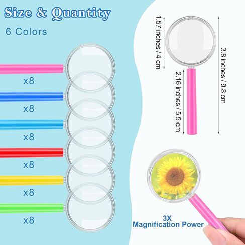 Aodaer 12 حزمة من النظارات المكبرة البلاستيكية 3X نظارات مكبرة محمولة 6 ألوان مكبرة للقراءة لمراقبة العلوم في المنزل والمدرسة in Kuwait