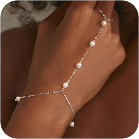 Dainty Hand Chain Bracelet for Women: 14K Gold Plated Pearl Ring Bracelet for Women Small Wrist Waterproof Simple Finger Bracelets Cute Trendy Gold Chain Ring Everyday Jewelry in Saudi Arabia