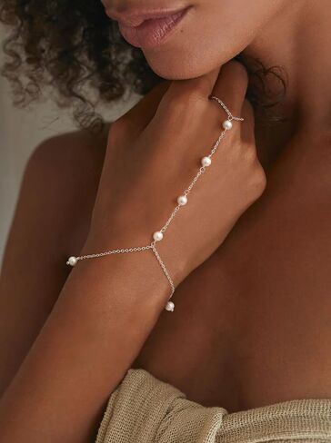 Dainty Hand Chain Bracelet for Women: 14K Gold Plated Pearl Ring Bracelet for Women Small Wrist Waterproof Simple Finger Bracelets Cute Trendy Gold Chain Ring Everyday Jewelry in Saudi Arabia