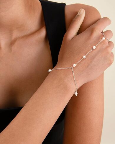 Dainty Hand Chain Bracelet for Women: 14K Gold Plated Pearl Ring Bracelet for Women Small Wrist Waterproof Simple Finger Bracelets Cute Trendy Gold Chain Ring Everyday Jewelry in Saudi Arabia
