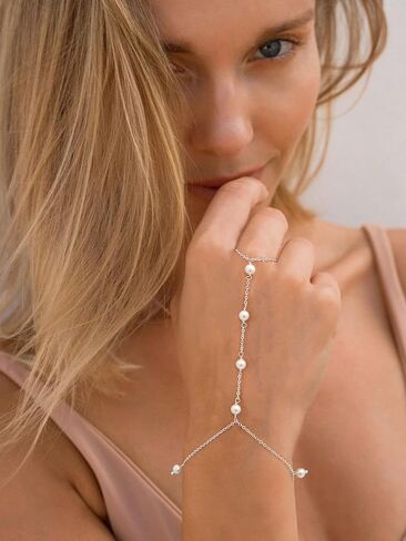Dainty Hand Chain Bracelet for Women: 14K Gold Plated Pearl Ring Bracelet for Women Small Wrist Waterproof Simple Finger Bracelets Cute Trendy Gold Chain Ring Everyday Jewelry in Saudi Arabia