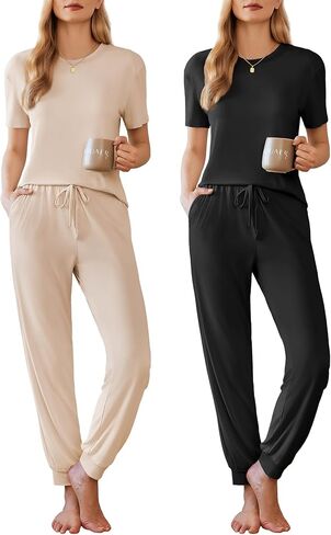 Ekouaer 2 Pack Womens Pajama Sets Short Sleeve Tops Jogger Pants Lounge Sets Soft Loungewear Printed Pj with Pockets in Saudi Arabia
