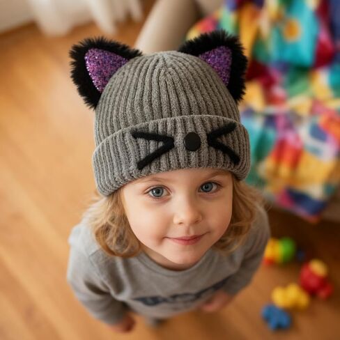 Kids Crochet Hat with Cute Shiny Cat Ears Unisex Thick Knitted Beanie Hat Winter Warm Cap in Saudi Arabia
