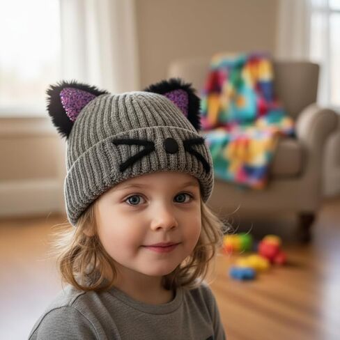 Kids Crochet Hat with Cute Shiny Cat Ears Unisex Thick Knitted Beanie Hat Winter Warm Cap in Saudi Arabia