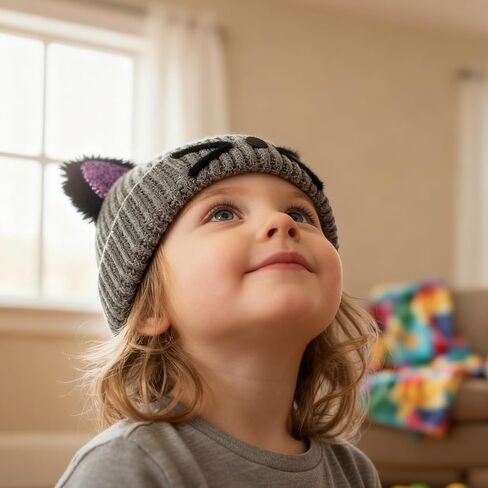 Kids Crochet Hat with Cute Shiny Cat Ears Unisex Thick Knitted Beanie Hat Winter Warm Cap in Saudi Arabia