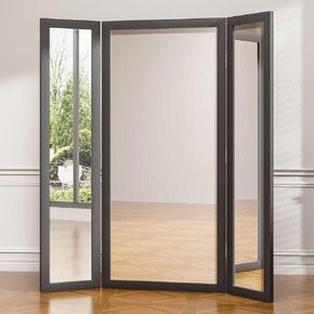 3 Way Full Length Trifold Mirror with Tempered Glass, 3 Panel Oversized Extra Large Free Standing Mirror with Rustic Wood Frame, for Wedding Dress/Clothing Shop/Bedroom/Closet, 71"x67", White in Kuwait