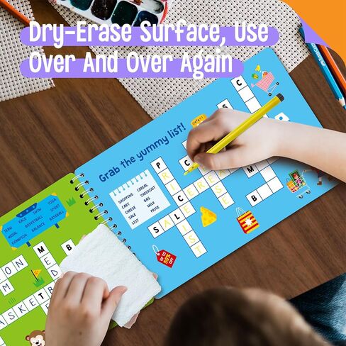 31 Dry Erase Activities Book, Reusable & Erasable Game Pad, Explore and Find, Maze Matching TIC-TAC-Toe Dot to Dot Words Interesting Educational Toy and Learning Tool for Road Trip Airplane Travel in Kuwait