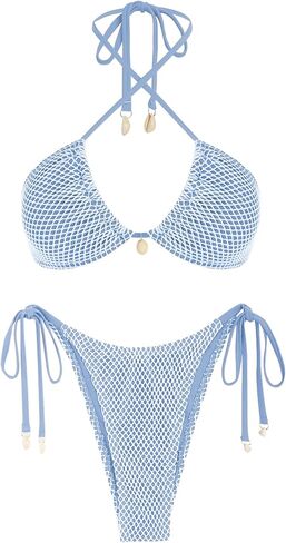 ZAFUL Women's Bikini Set Fishnet Triangle Tie Convertible Collar Halter Bandeau Shell Two Piece Bathing Suit in Saudi Arabia