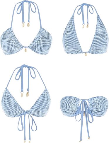 ZAFUL Women's Bikini Set Fishnet Triangle Tie Convertible Collar Halter Bandeau Shell Two Piece Bathing Suit in Saudi Arabia