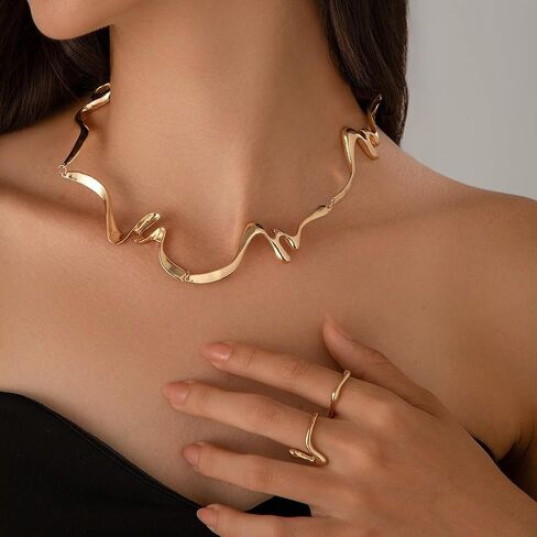 Chunky Silver/Gold Plated Metal Buckle Collar Necklace for Women Men,Thick Geometric Metallic Unisex Abstract Choker Necklace Statement Fashion Chain Necklace Cool Punk Jewelry (gold) in Saudi Arabia