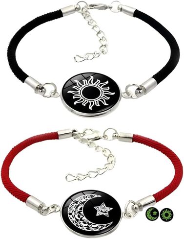 2pcs sun star moon glow-in-the-dark bracelets, men's and women's black leather bracelets, sun moon star couple bracelets in Saudi Arabia