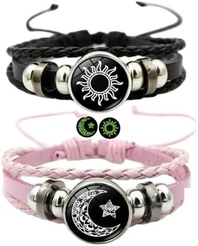 2pcs sun star moon glow-in-the-dark bracelets, men's and women's black leather bracelets, sun moon star couple bracelets in Saudi Arabia