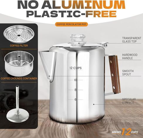 Percolator وعاء الفولاذ المقاوم للصدأ في التخييم وعاء القهوة لا الألمنيوم أو التخييم البلاستيكي القهوة ستوفتوب (9 كوب) in Kuwait