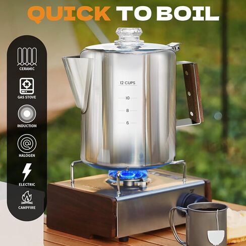 Percolator وعاء الفولاذ المقاوم للصدأ في التخييم وعاء القهوة لا الألمنيوم أو التخييم البلاستيكي القهوة ستوفتوب (9 كوب) in Kuwait