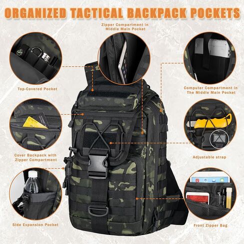 Tactical sling Backpack for men- 25l Large Army one shoulder Backpacks For Men Camping Hiking Trekking Daypack Rucksack (black-15.6) in Kuwait
