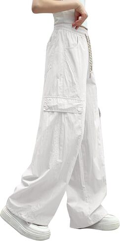 Girls Cargo Pants Y2K Baggy Straight Wide Leg Drawstring Jogger Pants with Pocket in Saudi Arabia