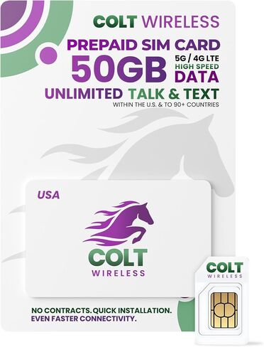 Colt Wireless 30-Day USA eSIM, Prepaid eSIM Card with 50GB 4G LTE/5G Unlimited Data, SIM Card for US, Talk & Text 90+ Countries, Prepaid Cell Phone Plan with Mobile Hotspot, Easy Activation in Saudi Arabia