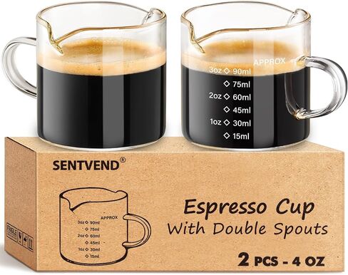 Espresso Cups Set of 2, 4 Oz Espresso Shot Glass with Handle Double Spout Cups Clear Glass Milk Cup Coffee Accessories Great for Making Coffee Desserts Salad Dressing in Kuwait