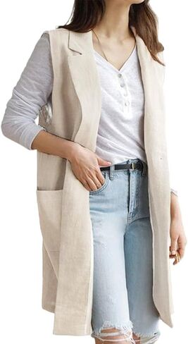 IDEALSANXUN Womens Long Linen Vest Tops Casual Spring Summer Lightweight Jackets in Saudi Arabia