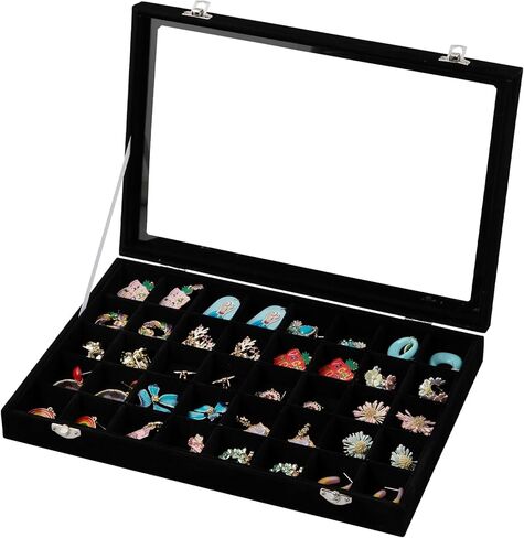Frebeauty 48 Grid Jewelry Tray,Adjustable Earring Holder Organizer with Glass Lid,Velvet Drawer Jewelry Organizer for Rings,Studs,13.8 x 9.5 x 2 Inches Jewelry Display Box,Gift for Women(Beige) in Kuwait