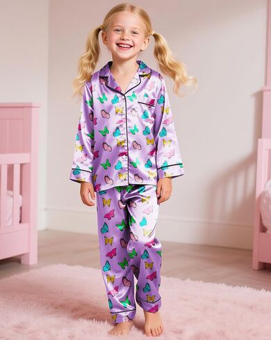 سيلفيري بيجامة من الساتان للفتيات ملابس نوم حريرية بأزرار سفلية ملابس نوم يونيكورن ملابس نوم PJS مجموعة هدايا للأطفال in Kuwait