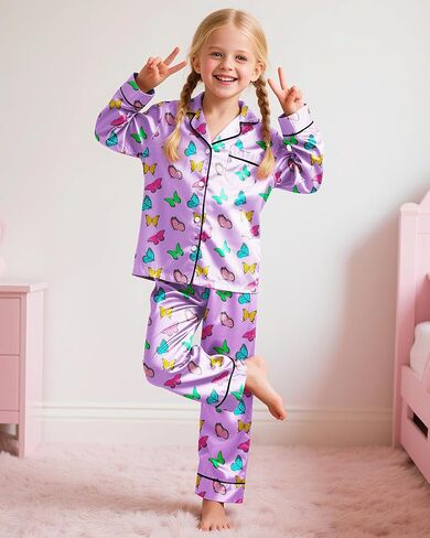 سيلفيري بيجامة من الساتان للفتيات ملابس نوم حريرية بأزرار سفلية ملابس نوم يونيكورن ملابس نوم PJS مجموعة هدايا للأطفال in Kuwait