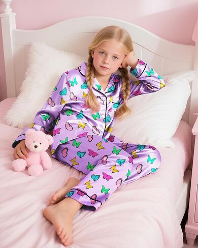 سيلفيري بيجامة من الساتان للفتيات ملابس نوم حريرية بأزرار سفلية ملابس نوم يونيكورن ملابس نوم PJS مجموعة هدايا للأطفال in Kuwait
