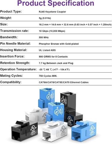 VCE UL Listed 25-Pack RJ45 CAT6 Keystone Coupler Female to Female Insert Coupler, UTP CAT6 Keystone Inline Coupler White in Saudi Arabia