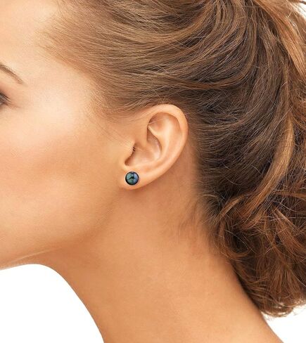 THE PEARL SOURCE 18K Gold 6-6.5mm AAA Quality Round Black Akoya Cultured Pearl Stud Earrings for Women in Saudi Arabia