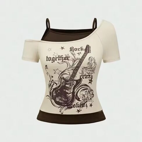 Emo Grunge Terts Women 2000s Graphic Baby Tees مزيفة من قطعتين قصيرتين in Kuwait