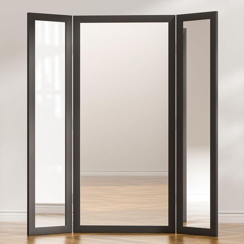 3 Way Full Length Trifold Mirror with Tempered Glass, 3 Panel Oversized Extra Large Free Standing Mirror with Rustic Wood Frame, for Wedding Dress/Clothing Shop/Bedroom/Closet, 71"x67", White in Kuwait