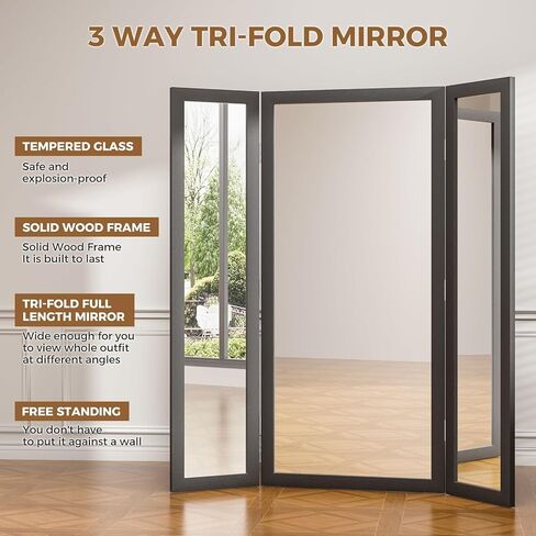 3 Way Full Length Trifold Mirror with Tempered Glass, 3 Panel Oversized Extra Large Free Standing Mirror with Rustic Wood Frame, for Wedding Dress/Clothing Shop/Bedroom/Closet, 71"x67", White in Kuwait