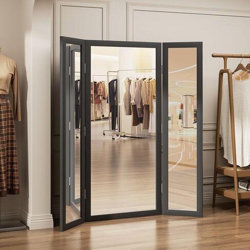 3 Way Full Length Trifold Mirror with Tempered Glass, 3 Panel Oversized Extra Large Free Standing Mirror with Rustic Wood Frame, for Wedding Dress/Clothing Shop/Bedroom/Closet, 71"x67", White in Kuwait