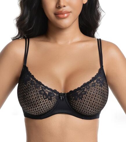 HACI Women's Sexy Lace Bra Demi Sheer See Through Mesh Balconette Underwire Plunge Unlined in Saudi Arabia