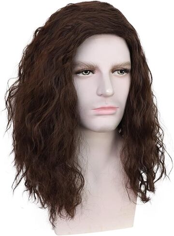 Mens Black Wig Shoulder Length Hair Natural Black Curly Male Wig Heat Resistant Synthetic Cosplay Costume Hair Replacement in Saudi Arabia