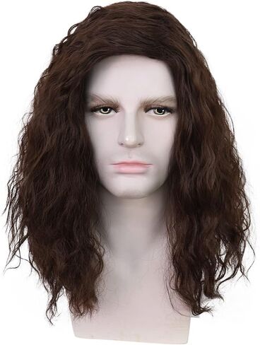 Mens Black Wig Shoulder Length Hair Natural Black Curly Male Wig Heat Resistant Synthetic Cosplay Costume Hair Replacement in Saudi Arabia