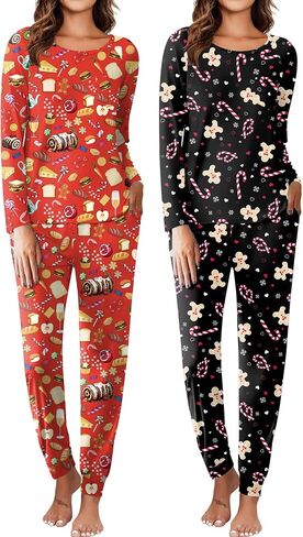 Ekouaer 2 Pack Womens Pajamas Set Long Sleeve Sleepwear Top and Jogger Pants Lounge Sets Cozy Pjs Loungewear S-XXL in Saudi Arabia