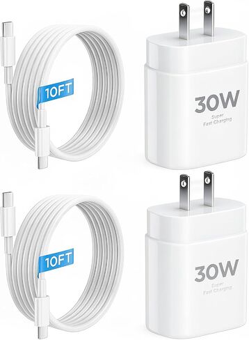 iPhone 17 16 15 Charger Fast Charging 10FT Cable, 30W USB C Charger Block for i Phone 15 16 16e 17 Air Plus Pro Max/iPad Pro/AirPods, PD USBC Power Adapter Wall Plug & Type C to C Cord, 2 Pack in Kuwait